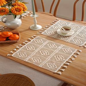 TEMU 보호-시크 수제 크로셰 태슬 플레이스매트 - 식사용, 주방 및 결혼식 장식용 스퀘어 레이스 테이블 매트, 러스틱 내추럴 베이지, 폴리에스테르, 1개
