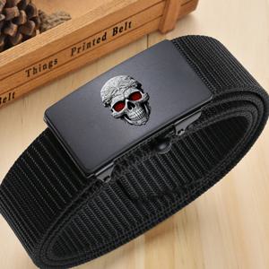TEMU 남성용 해골 패턴 자동 버클 벨트 1개 - 스타일리시한 블랙 직조 폴리에스터 벨트와 레드 아이즈 스컬 디자인, 캐주얼 및 비즈니스 착용에 다용도, 남성을 위한 완벽한 선물