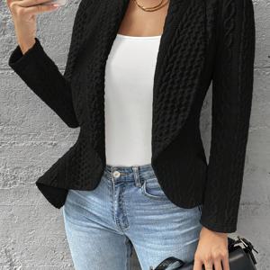 TEMU 여성용 우아한 긴팔 재킷 - 오픈 프론트, 솔리드 블랙, 캐주얼 또는 사무복 착용을 위한 스타일리시 아우터웨어, 가벼운 폴리에스터, 세탁기 사용 가능, 사무실 재킷 | 세련된 질감 | 스타일리시한 캐주얼 웨어