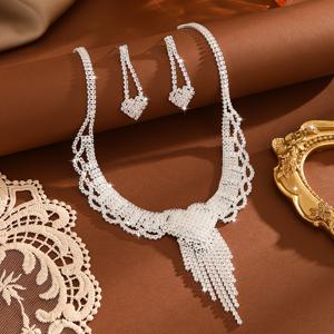 TEMU 일상 및 결혼식 파티용 우아한 하트 모양 구리 라인스톤 목걸이 세트 3피스 여성 주얼리|은목걸이