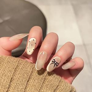 TEMU 10개 세트 핸드메이드 프레스온 네일 - 우아한 블랙 리본 & 골든 글리터 디자인, 화이트 광택 중간 길이 오벌 재사용 가능 인조네일, 파티·웨딩·캐주얼·특별 행사용, 내구성 강한 미용 액세서리, 여성용|네일|네일아트