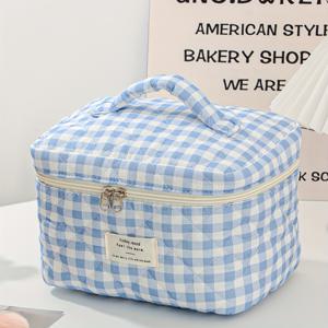 TEMU 체커보드 메이크업 가방 귀여운 파란색 메이크업 가방 세트 여성용 홈 데코 대용량 휴대용 소형 가방 파란색 체크 메이크업 가방 메이크업 브러시, 로션, 얼굴 세척, 립스틱, 손톱 살롱 소형 미용 메이크업 가방에 이상적입니다.