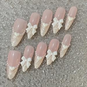 TEMU 광택 있는 하얀색 하트와 나비 스트리머가 달린 긴 물방울 모양 인조 네일 10개 세트, 섬세하고 귀여운 디자인, 내구성 좋은 고품질 액세서리 포함 네일 파일과 스틱 추천
