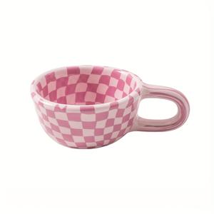 TEMU 1개 핑크 세라믹 커피 머그컵 - 체크무늬 & 화이트 깅엄 테두리, 귀여운 레트로 티컵, 200ml/6.7oz 카푸치노/코코아 컵, 생일, 어버이날, 크리스마스 선물용 (핑크 & 화이트)