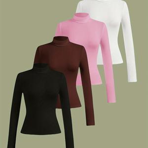 TEMU 여성용 하이넥 긴팔 터틀넥 탑 4개 세트 - 고탄력 캐주얼 편안한 솔리드 컬러 베이직 탑, 기계세탁 가능 사계절 레이어링 필수품, 다용도 의류, 심플 디자인, 편안한 착용감