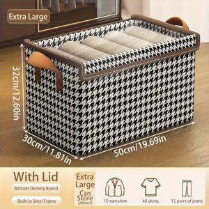 TEMU 4pcs 대형 접이식 보관 상자, 뚜껑 및 강철 프레임 - 클래식 하운드스투트 디자인, 옷, 담요를 위한 공간 절약형 정리함 | 가정, 침실, 기숙사에 이상적 | 비직물, 플립 탑 클로저, 옷 정리함 보관, 침대 밑 보관, 침대 밑 보관|이불정리함