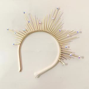 TEMU 여성용 헤일로 크라운 머리띠 - 결혼식, 파티, 프롬 및 패션쇼를 위한 우아한 반짝이는 골드톤 메탈 헤어 액세서리, 선버스트 디자인, 프롬 헤어피스, 정교한 금속 장식