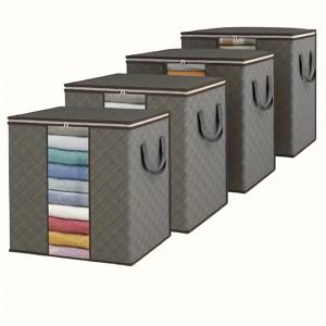 TEMU 4개 대형 퀼트 보관백 - 강화된 손잡이와 투명 창문, 통기성 좋은 접이식 오버사이즈 담요/침구/베개 정리함 | 빈티지 스타일 옷장 및 침대 밑 수납 솔루션, 연노랑/회색|이불정리함