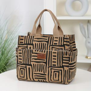TEMU DLIU 대용량 보온 내부 도시락 가방 - 베이지 & 블랙 기하학 패턴, 지퍼 클로저 및 사이드 컵 홀더 포함 - 직장인, 학교, 여행, 피크닉을 위한 넉넉한 토트백 - 비식품 접촉 방지, 빈티지 디자인, 튼튼한 손잡이, 사무실 작업자 필수 아이템