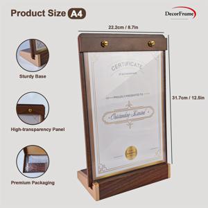 TEMU 데코프레임 아크릴 메뉴 홀더 - 나무 백과 베이스가 있는 A4/A5/A6 디스플레이 스탠드 - 가격 목록, 이름 태그, 사진을 위한 내구성 있는 테이블 텐트 - 이벤트, 전시회, 소매, 레스토랑 및 사무실용