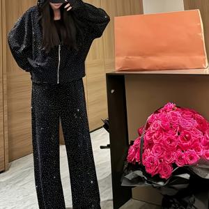 TEMU 여성용 고급 밝은 후드 스웨트셔츠 와이드 레그 팬츠 솔트 라이트 패션 캐주얼 세트, 야외 사이클링 휴가 해변 수영장 허리 길이 여름 휴가 두꺼운 편안한 통기성 폴리에스터 반사 요소 캐주얼 클래스 댄싱 모임 쇼핑몰 아파트 체중 감량 스텝핑 댄스