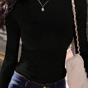 TEMU 여성용 섹시하고 우아한 블랙 스웨터 탑 - 롱 슬리브 라운드넥 미디엄 스트레치 가을 겨울 셔츠, 솔리드 컬러 다목적 캐주얼 & 포멀 웨어, 핸드워시 가능한 여성 패션 스웨터, 시즌별 옷장, 클래식 실루엣, 품질 좋은 스티칭 풀오버 셔츠, 오피스 아티어