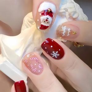 TEMU 24개 짧은 스퀘어 프레스온 네일 - , 캔디 캔, 크리스마스 트리 & 눈꽃 디자인 - 광택 마감, 젤리 글루 & 네일 파일 포함 여성용, 휴일 파티, 일상 착용 및 데이트 나이트, 크리스마스 네일 아트, 축제 매니큐어, 축제 디자인, 내구성 있는 프레슨, 프레슨 매니큐어, 축제 행사