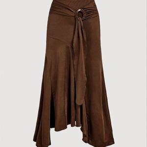 TEMU 여성용 우아한 하이웨이스트 비대칭 밑단 랩 스커트 - 브라운, 타이 허리 & 러플 디테일, 솔리드 컬러 올시즌 캐주얼부터 포멀까지 다재다능 미디 스커트, 세련된 재봉, 고급스러운 원단, 사무실 착용, 내구성 있는 소재, 스타일리시 여성용, 클래식 웨어, 부드러운 세탁, 몸매 강조