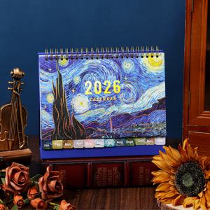 TEMU 2026 바른 가우치 별이 빛나는 밤 오일 페인팅 데스크 캘린더 - 일일 일정, 주간 정리 및 예술적인 홈 오피스 장식이 있는 미니 휴대용 월간 플래너, 새해 선물과 생일 선물에 완벽한 중간 사이즈, 종이 재질, 월간 보기, 영어, 데스크 캘린더|달력|달력|캘린더