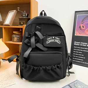 TEMU 우아한 리본이 달린 여성용 백팩 - 베이지/화이트/블랙, 지퍼 클로저, 내구성 있는 나일론 학교 가방, 대학, 직장, 일상 사용용 - 여성 및 청소년을 위한 귀여운 백팩, 학교용 백팩, 여성 디자인, 튼튼한 구조, 청소년 액세서리