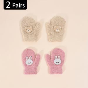 TEMU 2쌍 아기 겨울 장갑 - 두꺼운 따뜻한 곰발톱 & 토끼귀 디자인, 신축성 있는 니트 원핑거 장갑 (손목 스트랩 없음) 1-3세용, 핑크/베이지/블랙/화이트/레드 - 추운 날씨 손난로