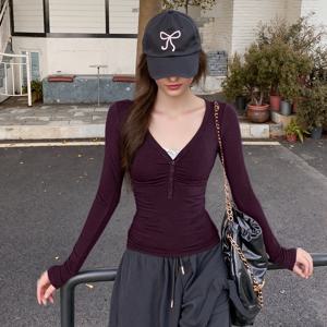 TEMU 2025년 신상 긴팔 티셔츠 | V넥, 버튼 플래킷, 스키니핏, 단색, 올 시즌, 패셔너블