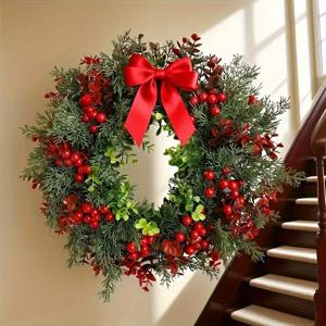 TEMU 초대형 15.75인치 인공 크리스마스 리스 - 레드 리본, 버건디 베리, 솔방울 & 잎사귀 장식 - 실내/외용 내구성 플라스틱 리스 (메인테넌스 불필요, 후크 포함)