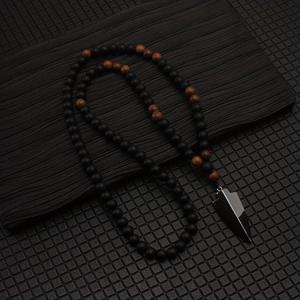 TEMU 블랙 매트 천연석 닭 날개 나무 블랙 담석 화살 남성용 긴 목걸이