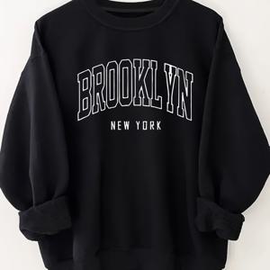 TEMU 플러스 사이즈 여성용 오버사이즈 레터링 프린트 스웨트셔츠 - 브루클린 뉴욕 그래픽, 라운드 넥 캐주얼 풀오버, 베이지색 흰색 글자, 세탁기 사용 가능, 봄 & 가을용 편안한 착용감, 립드 커프스