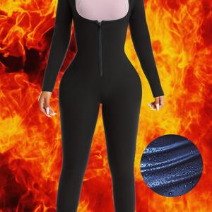 TEMU 여성용 풀 지퍼 긴팔 & 팬츠 워크아웃 점프수트 - 복부 컨트롤 기능의 풀바디 바디슈트, 땀 흡수 기능의 헬스웨어, 러닝, 사우나, 스파, 수영용 - 세탁기 사용 가능한 아슬레틱 원피스 (속옷 불필요)