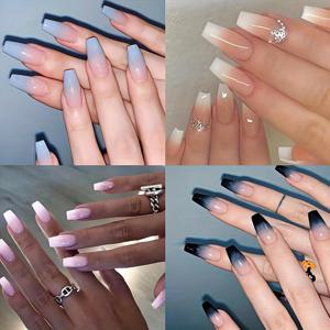 TEMU 스타일 업그레이드! 중간길이 발레 네일 4pcs 96pcs 세트 - 데일리 프렌치 그라데이션 3D 글리터 풀커버 네일 스티커 여성용, 네일 아트,그라데이션 네일,프렌치 스타일 네일,오래 지속되는 착용감,내구성 있는 스티커,프레슨 네일, 손톱,신부용 네일,패션 애호가