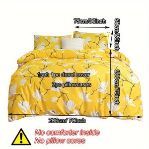 TEMU 3pcs 이불 커버 세트, 노란색 꽃무늬 침구 세트, 부드럽고 편안한 통기성 있는 이불 커버, 침실 손님용 룸 장식용 (1 * 이불 커버 + 2 * 베개커버, 코어 없음)