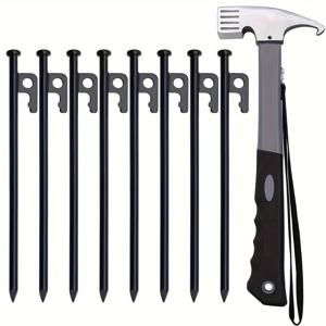 TEMU 8개 세트의 10인치 중럼텐트 말뚝 - 견고한 야외 고정을 위한 망치가 있는 캠핑 텐트 말뚝 - 텐트, 캐노피, 타프를 위한 다용도 지면 고정용 앵커 - 견고하고 휘지 않는 편리한 풀러가 있는 제품 - 독립기념일, 크리스마스, 이드 알 아드하, 산의 날 축제에 이상적|텐트