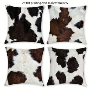 TEMU 4pcs 빈티지 소가죽 인조 모피 프린트 던지기 베개 커버, 18x18 인치, 양면 2D 평면 프린팅, 비실제 자수, 지퍼 클로저, 폴리에스터 소재, 손세탁 전용 - 거실, 파티오, 소파, 포치, 야외 장식, 장식 베개 케이스용