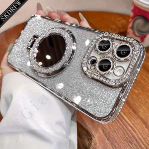 TEMU 아이폰 17, 16, 15, 14, 13, 12, 11 및 프로 버전, 독특한 투명 낙하 방지 보호 백 커버를 포함한 아이폰용 새로운 고급 글리터 더블 로우 라인스톤 미러 마그네틱 스탠드 풀 커버 렌즈 폰 케이스. 커플 선물로 완벽합니다.