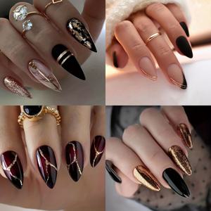 TEMU 가을 겨울용 프레스온 네일 4개 세트 (96개), 골드 글리터 디자인 혼합 레드 브라운 그라데이션 미디움 아몬드형 접착식 손톱 + 네일 파일 포함 여성용