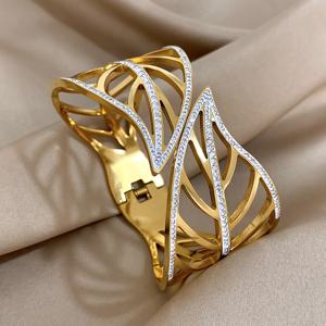 TEMU 14K 금 도금 스테인리스 스틸 커프 브레이슬릿, 홀로우 리프 디자인과 라인스톤 액센트, 여성과 남성을 위한 우아한 보석