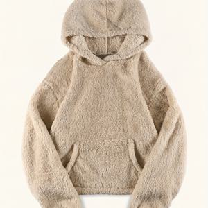 TEMU 여성용 겨울 후드티 - 베이지 오버사이즈 스웨트셔츠, 포켓 디자인, 따뜻한 후드 풀오버, 세탁기 사용 가능 캐주얼 아우터웨어, 스트릿웨어, 루즈핏, 야외 활동용, 보온 소재