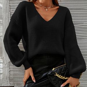 TEMU 프렌치 스타일 V넥 스웨터 - 고탄력 겨울 코트, 릴랙스드 드롭 숄더 핏, 솔리드 컬러 우아한 가을/겨울 레이어링 스웨터, 세탁기 사용 가능 (스페셜 라인 컬렉션) - 추운 날씨를 위한 드레서의 추천