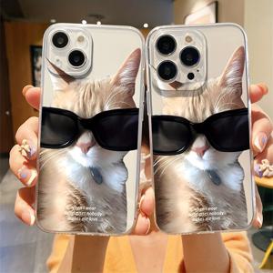 TEMU 아이폰 16 15 14 11 XS XR X 8 7 6 6S Plus Pro Max 호환 고급감성 투명 케이스 - 안경 쓴 고양이 패턴, 할로윈 선물, 가족/친구/자기용 생일 선물