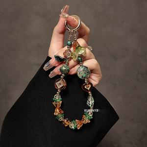 TEMU 【빈티지 매력】 빈티지 중국 스타일 비즈 손목끈 키체인 - 컬러풀한 면처리 비즈와 그린 리프 & 브라운 하트 참, 휴대폰 케이스, 자동차 키, 또는 가방 액세서리용 짧은 끈|핸드폰스트랩