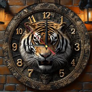TEMU 빈티지 호랑이 테마 목제 벽시계 - 조용한, 둥근, 평평한 크라운, AA 배터리 전원, 틱 소음 없음, 가정, 사무실, 주방, 침실 장식에 이상적입니다 - 9.8