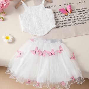 TEMU 소녀 2pcs 여름 의상 세트, 귀여운 장미 무늬 오프숄더 조끼 & 나비 흰색 얇은 스커트, 폴리에스테르 100%, 민소매, 비대칭 밑단, 루즈핏, 짜임, 어린이용