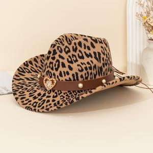 TEMU 1pc Chic Brown Leopard Print Fedora Hat with Heart & Pearl Accents - 빈티지 스타일, 분리 가능한 브림, 가벼우면서도 다용도로 사용할 수 있는 야외 엔터테인먼트, 파티, 휴가용