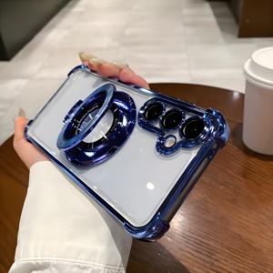 TEMU 삼성 갤럭시 A55 A54 A53 A25 A35용 투명 전기도금 자석 스탠드 방탄 케이스, 노트 20 울트라용 후면 커버 및 렌즈 보호기