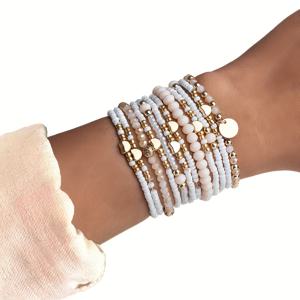 TEMU 12개 세트 우아한 핑크 & 화이트 비즈 팔찌, 골든 참 장식 - 하트 악센트, 캐주얼 의상 및 선물용으로 완벽, 이상적인 데이 선물