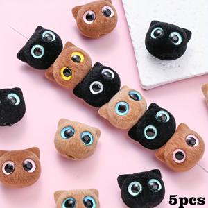 TEMU 5pcs Flocking Cat Beads - 17x19mm 아크릴 커피 테마 귀걸이, 팔찌 및 열쇠끈, 흑색, 갈색 및 베이지로 장식된 재미있는 고양이 디자인 - DIY 패션 액세서리, DIY 보석 만들기|재미있는 액세서리|쉬운 조립, 고양이 액세서리