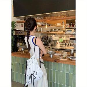 TEMU 한국 스타일 스위트 & 캐주얼 화이트 백팩, 블랙 보우 프린트 - 접이식 끈 조절 가능, 탈착 가능한 어깨끈, 여성 및 학생용 대용량 가방, 넉넉한 내부 공간