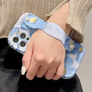 TEMU 소프트 젤 방지 낙하 크림 리본 스타일 만화 유화 블루 플라워 프린트 모바일 폰 케이스, 애플 시리즈 11\12\13\14\15\16프로맥스 삼성 시리즈 A05/A15/A25/A35/A55/S23/S24울트라에 적합