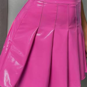 TEMU 밝은 핑크 PU 가죽 주름 미니 스커트 - 하이웨이스트, 광택 마감, 섹시하고 우아한 여성용 디자인, 봄/여름/가을에 완벽함, 귀여운 스커츠