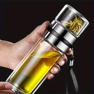 TEMU 스테인리스 스틸 필터가 있는 고급 보로실리케이트 유리 차 컵, 휴대용 차 분리 집중기, 내열성, 투명한 사무실 및 야외 물컵, 비즈니스 등급 차량용 음료 용기, 재사용 가능, 둥근 모양, 손세척 전용, 다목적 사용, 데이 테마, 누수 방지, 데이 선물 포함