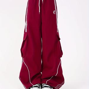 TEMU 여성용 하이웨이스트 카고 팬츠 - 레드 & 화이트 기하학적 패턴, 드로스트링 허리, 캐주얼 와이드 레그 트라우저, 봄/여름/가을용 하이웨이스트 레깅스