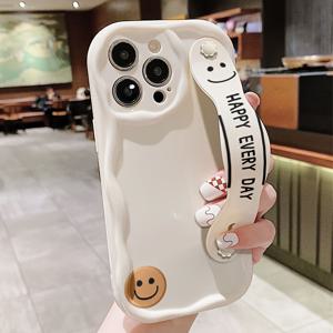 TEMU 원 크림 끈 조절 가능한 순백색 기쁜 얼굴 텍스트 인쇄 폰 케이스, 애플 시리즈 111213141516promax 삼성 시리즈 A05/A15/A25/A35/A55/S23/S24울트라용