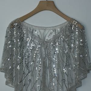 TEMU 더 나은 내일 우아한 시퀸 자수 플래퍼 숄 - 민소매, 통기성 폴리에스터 비즈 디테일, 파티, 프롬 & 축제용, 반짝이는 회색 메쉬 디자인, 손세탁 전용, 봄 패션 | 빈티지 스타일 | 루즈핏 숄